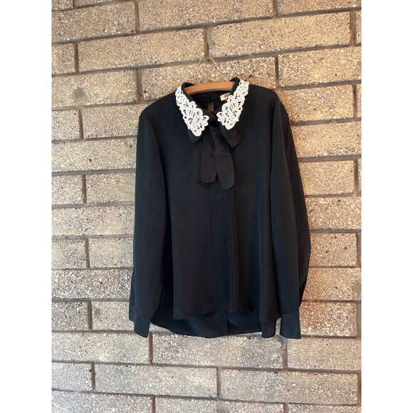 Kate Spade Black Blouse With Lace Collar & Bow Tie Detail 100% Silk - Picture 1 of 10